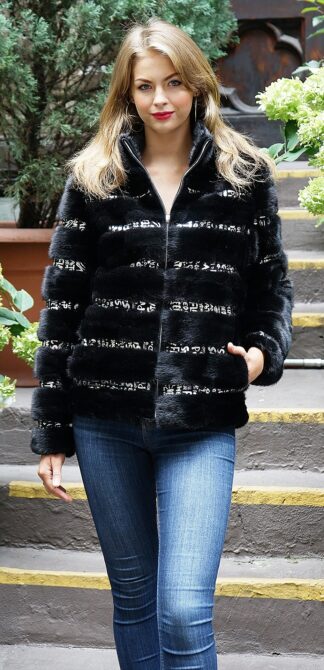 Ranch Mink Bomber Black Silver Leather Inserts 36363
