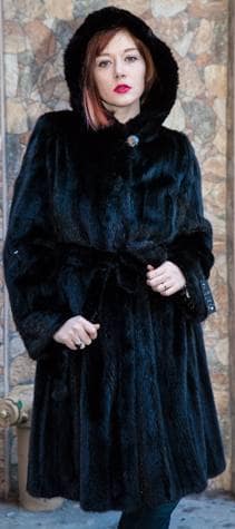 Black Mink Fur Stroller Hooded MInk Fur Belt 8877