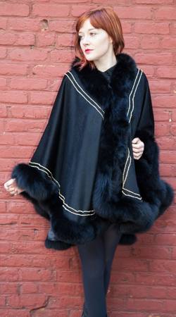 Black Cashmere Cape Black Fox Fur Border Gold Trim 8877