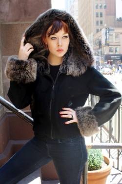 Black Shearling Jacket Grey Hood 2299