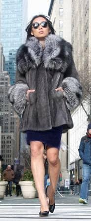 Blue iris Mink Fur Stroller Silver Fox Fur Collar Cuffs 66699