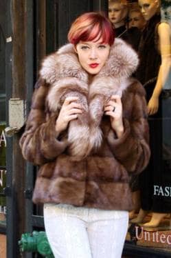 Brown Mink Jacket Crystal Fox Fur Collar 99887