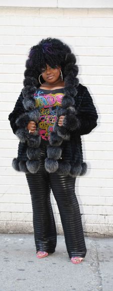 Rasheeda Wallace Black Sheared Rabbit Jacket Trimmed In Fox