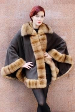 Loro Piana Dark Brown Cashmere Cape Russian Sable Fur Trim 8421