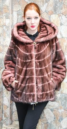 Hooded Rose Mink Fur Jacket Sheared Mink Fur Inserts 885411