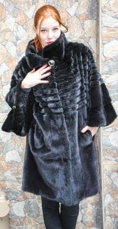 Long Black Mink Fur Cape Sheared Mink Fur Inserts 87777