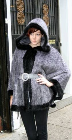 Blue Iris Knit Mink Hooded Cape Ranch Mink Trim 6556