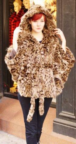 American Cat Lynx Fur Poncho Hood 77443
