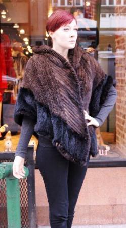 Brown Black Knit Mink Fur Poncho Hood 75757
