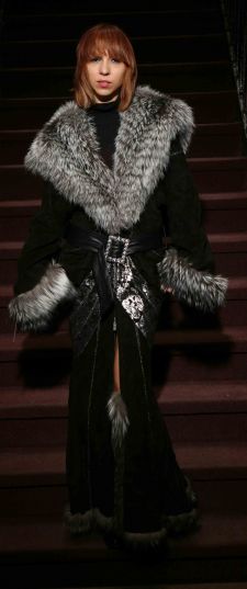 Black Suede Dress Silver Fox Fur Trim 1112