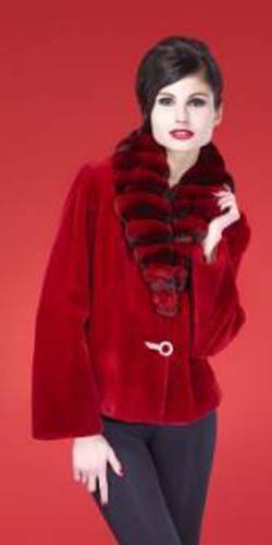 Red Sheared Mink Fur Jacket Red Chinchilla Fur Collar 7745