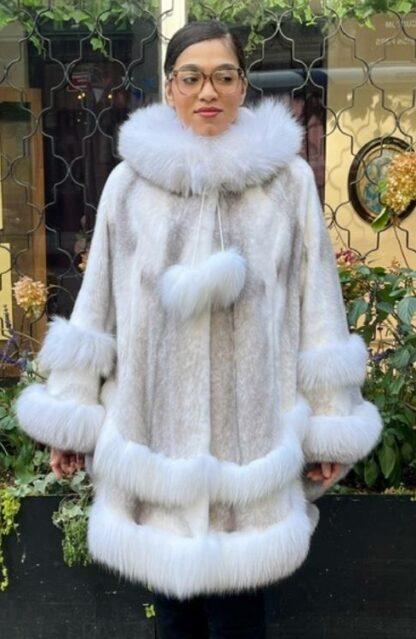Cross Mink Poncho White Fox Trim 77444 - Image 8