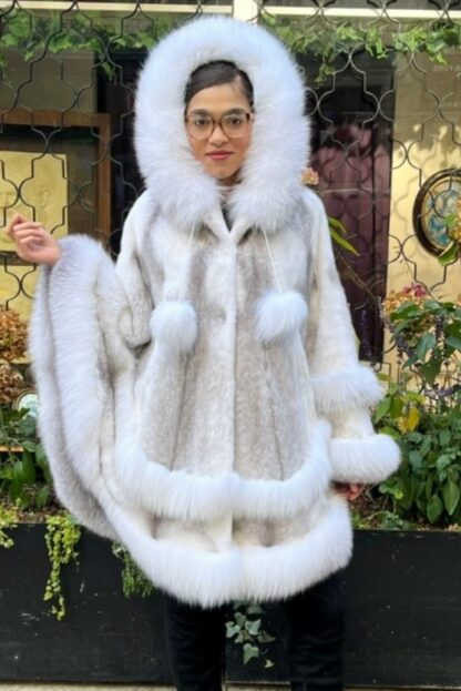 Cross Mink Poncho White Fox Trim 77444 - Image 9