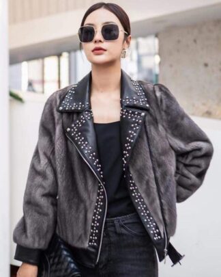 Blue Iris Mink Motorcycle Jacket Leather Trim 23938