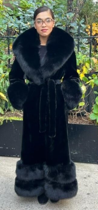 Full Length Ranch Mink Coat Black Fox Collar Cuffs Border 88844