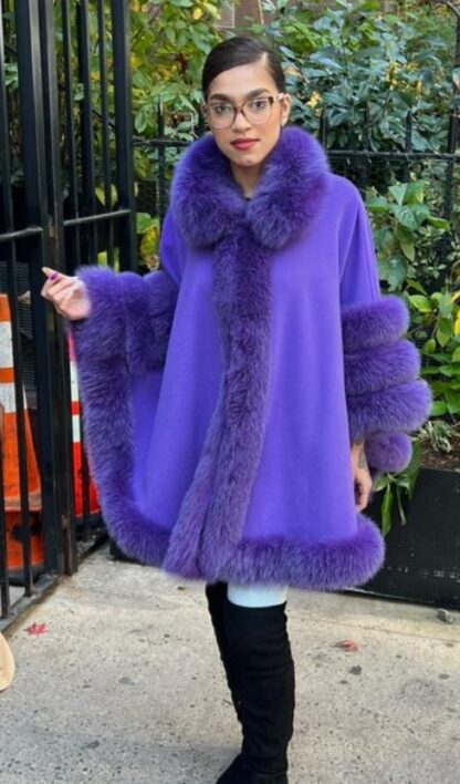 Purple Cashmere Wool Cape Purple Fox Trim 4447 - Image 3