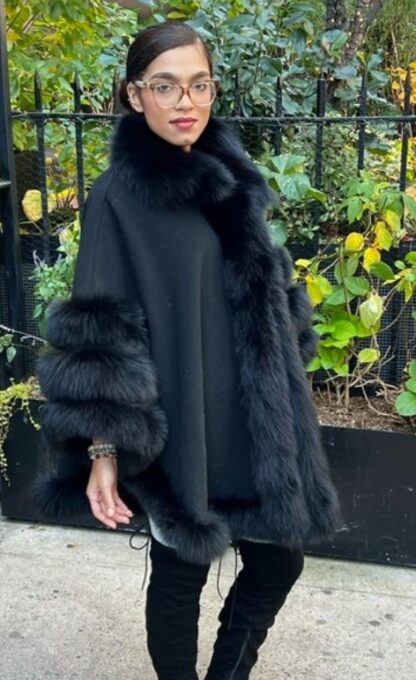 Black Cashmere Wool Cape Black Fox Trim 1267 - Image 2