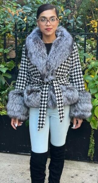 Checkered Wool Jacket Silver Fox Collar 38383