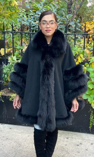 Black Cashmere Wool Cape Black Fox Trim 1267