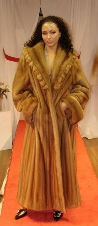 Whiskey Mink Fur Coat Full Length Ruffled Shawl Collar 449