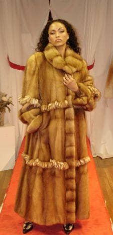 Whiskey mink Fur Coat Ruffled Mink Trim Skin on Skin Shawl Collar 91166
